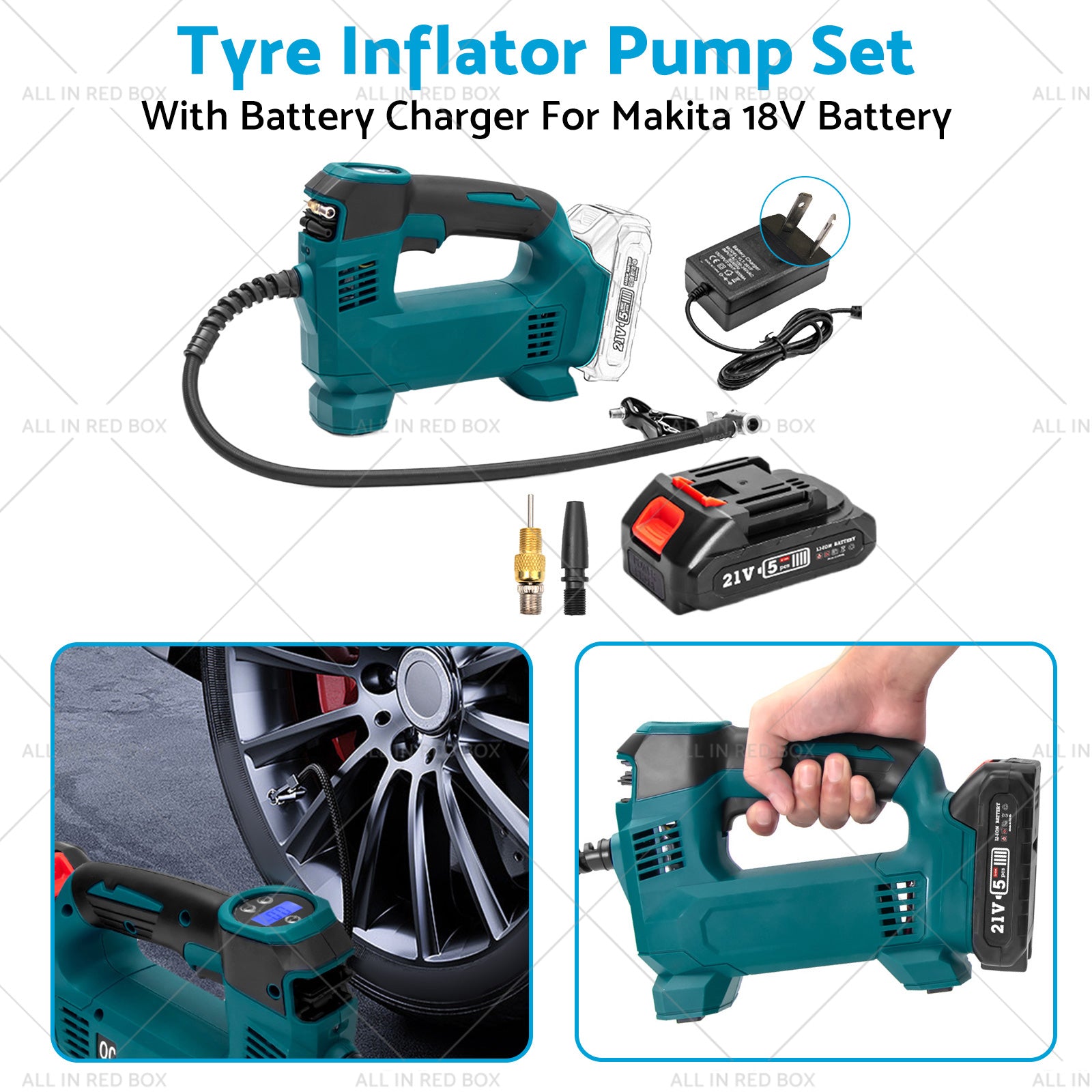 Cordless Portable Tyre Inflator Pump w/ Battery Charger For Makita 18V Battery-3