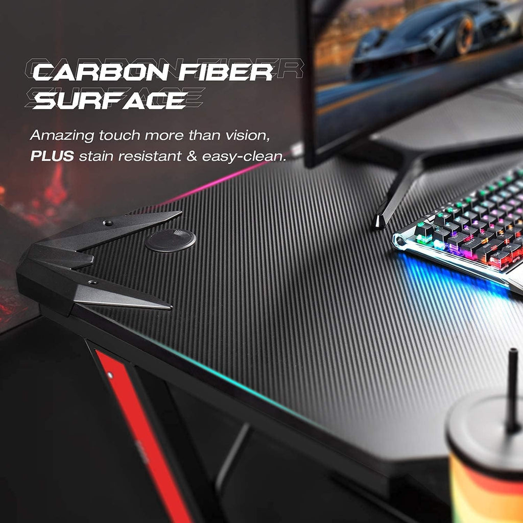Gaming Desk, Computer Desk with Carbon Fiber Surface, Gaming Table Z Shaped PC Gaming Workstation Home Office Desks with Cup Holder and Headphone Hook (44 Inch, Black)-4