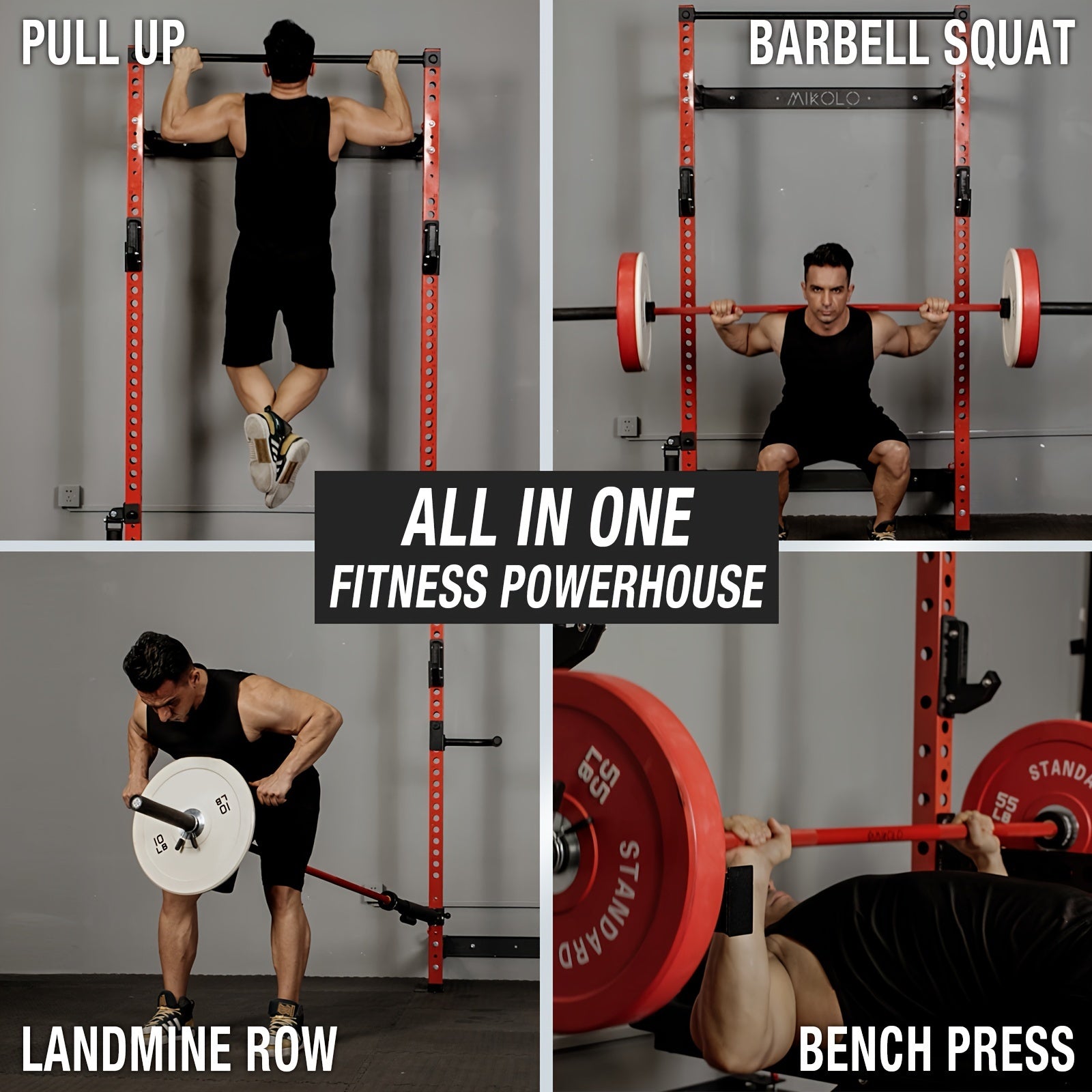 2.36" X 2.36" Folding Wall Mounted Squat Rack, 800 Pounds Capacity Power Rack With Pull Up Bar, J Hooks, Landmine And Other Attachments, Space-Saving Home Gym