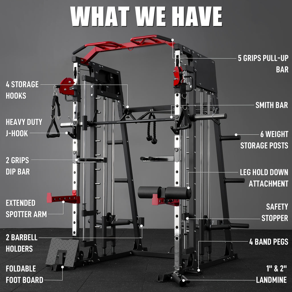 2200lbs All-in-1 Smith Machine Home Gym with LAT-Pull Down System & Cable Crossover, 360° Landmine, Weight Bar & Barbell Holders, 40+ Free Weight Exercises, Space-Saving Power Rack Cage for Total Body Strength Training (Red/