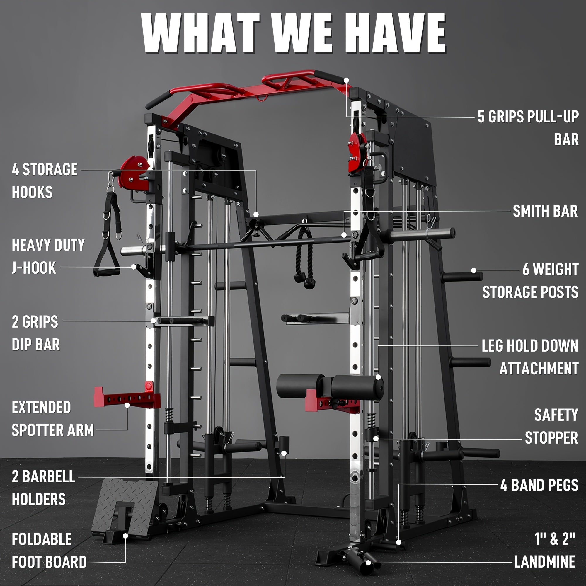 2200lbs All-in-1 Smith Machine Home Gym with LAT-Pull Down System & Cable Crossover, 360° Landmine, Weight Bar & Barbell Holders, 40+ Free Weight Exercises, Space-Saving Power Rack Cage for Total Body Strength Training (Red/