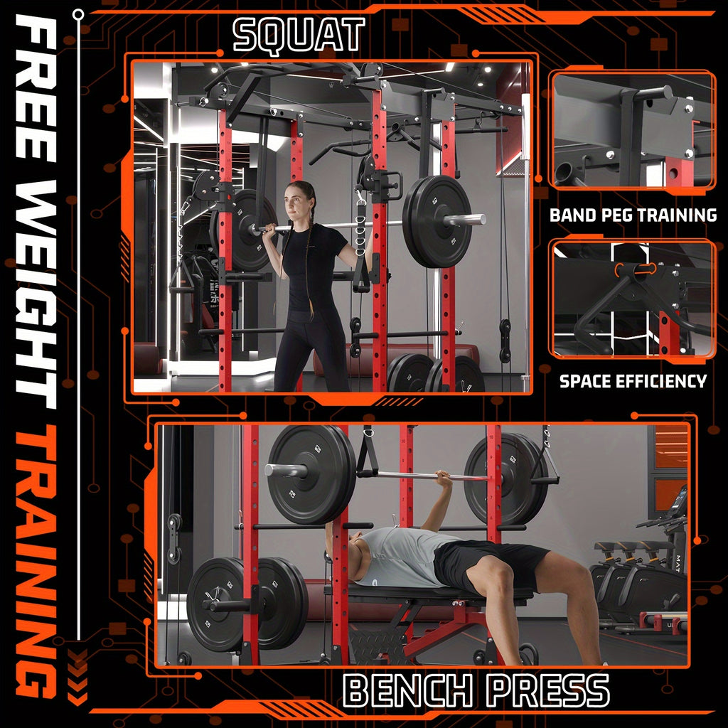 8-in-1 Power Rack Cage With 1500lb Capacity & Cable Crossover Machine - Physical Therapy Approved Squat Rack With J-Hooks, Dip Bars, Landmine - Adaptive Strength Training System For Home Gyms (Red)