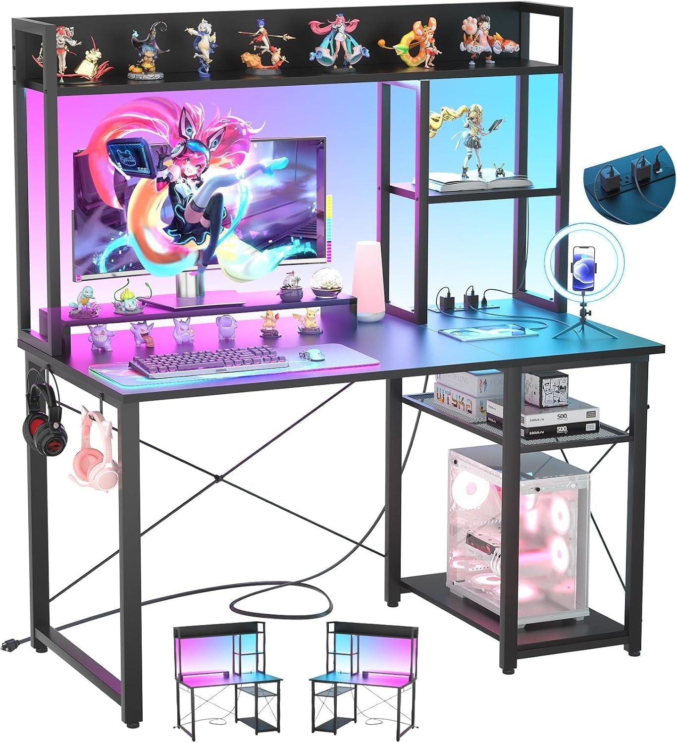 Compact Gaming Desk with LED Lights and Storage Shelves-0