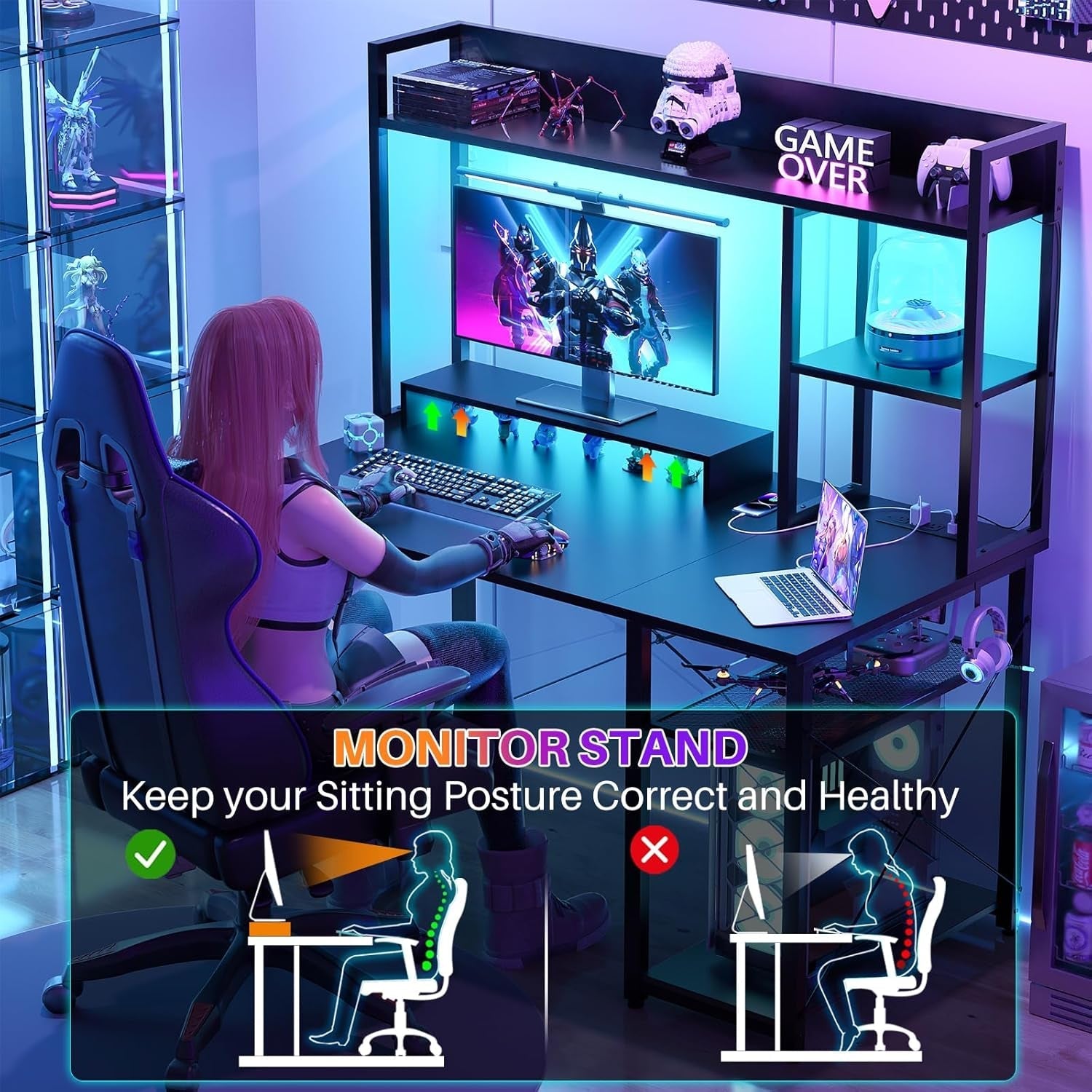 Compact Gaming Desk with LED Lights and Storage Shelves-4