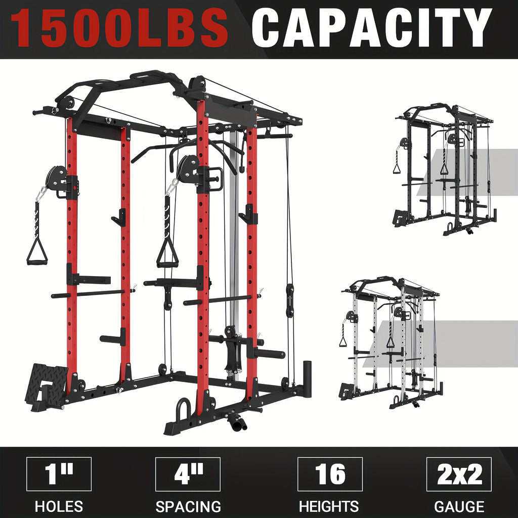 8-in-1 Power Rack Cage With 1500lb Capacity & Cable Crossover Machine - Physical Therapy Approved Squat Rack With J-Hooks, Dip Bars, Landmine - Adaptive Strength Training System For Home Gyms (Red)