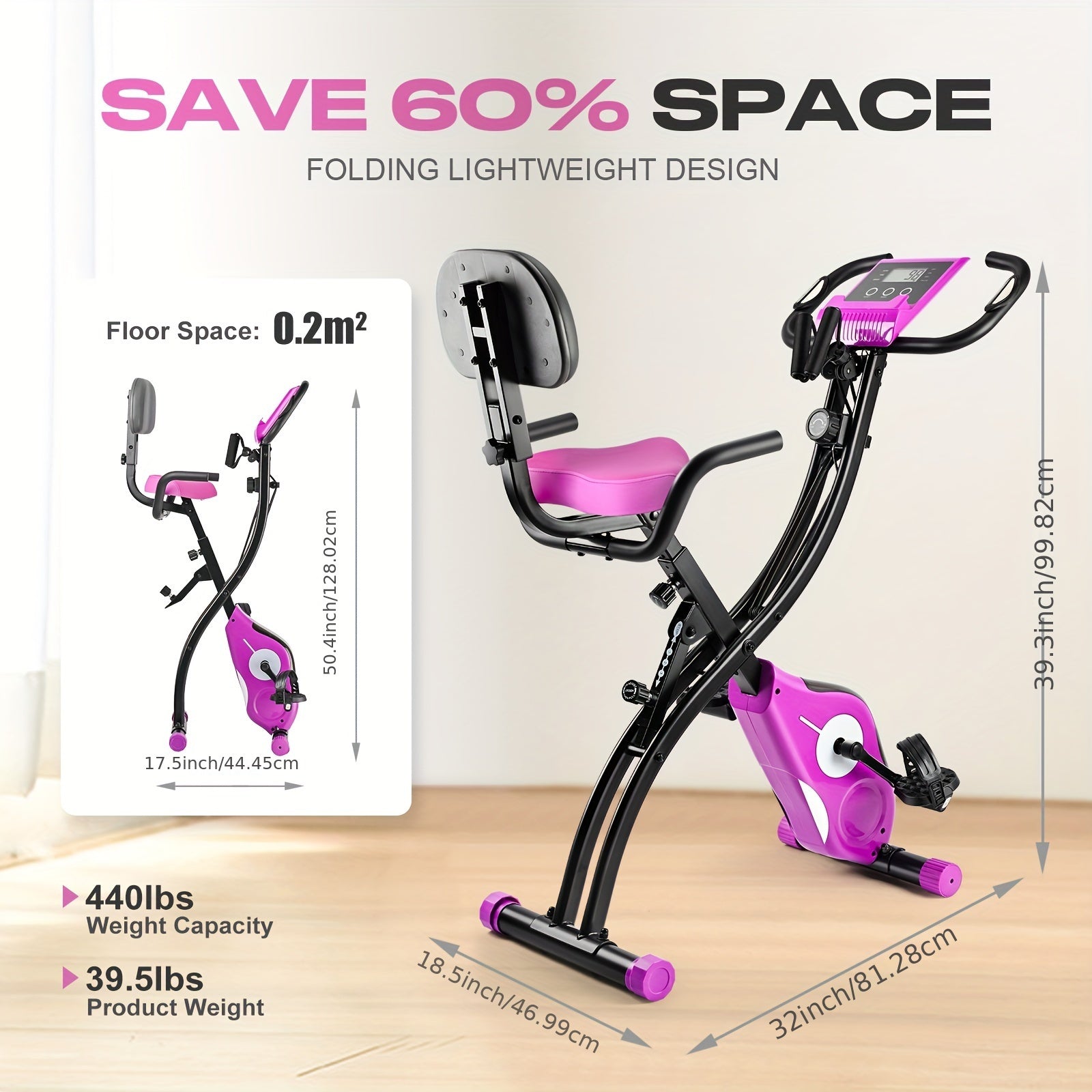 Folding Exercise Bike, Foldable Fitness Stationary Bike Machine, Upright Indoor Cycling Bike, Magnetic X-Bike with 8-Level Adjustable Resistance, Bottle Holder & Back Support Cushion for Home Gym Workout, Valentine's Day Gift