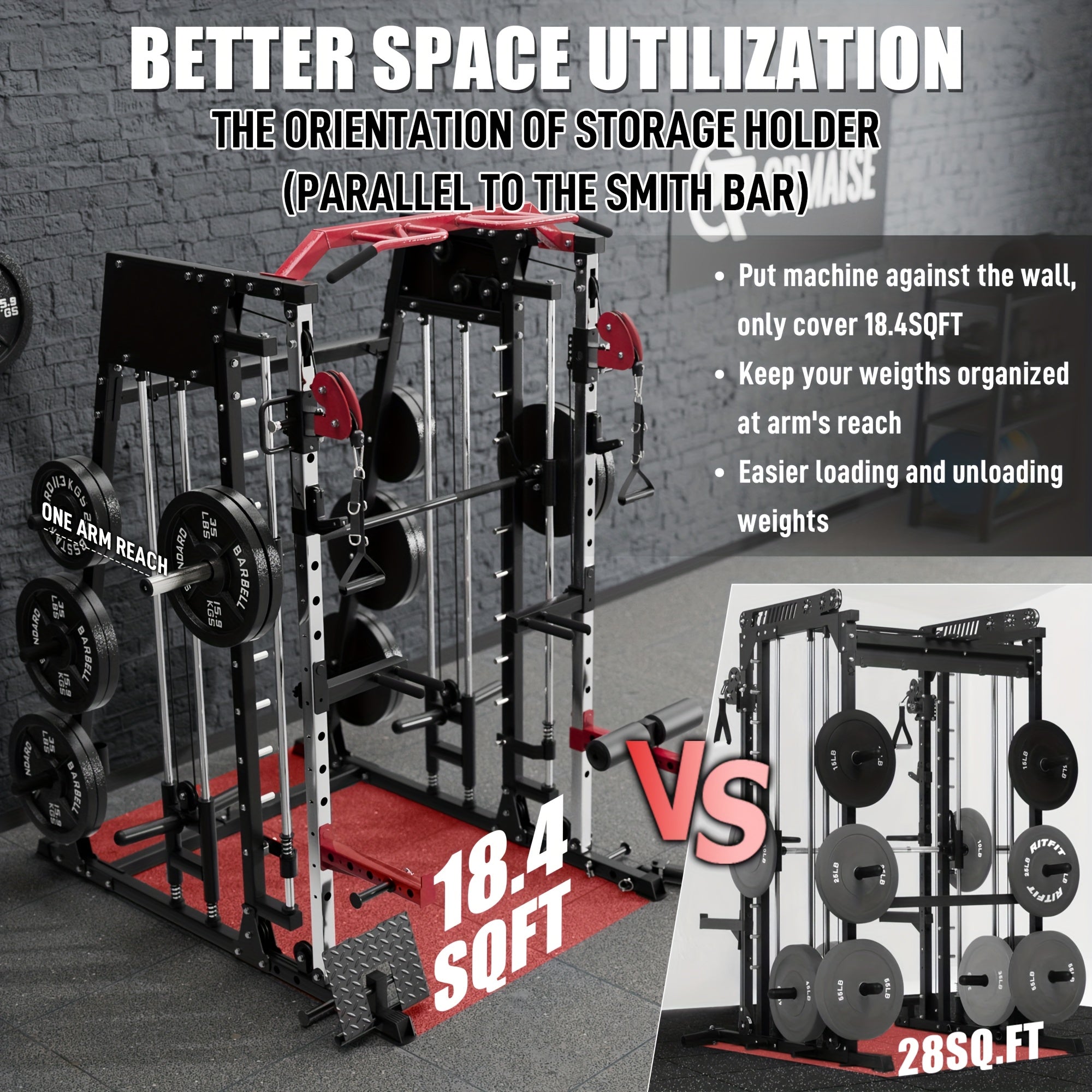 2200lbs All-in-1 Smith Machine Home Gym with LAT-Pull Down System & Cable Crossover, 360° Landmine, Weight Bar & Barbell Holders, 40+ Free Weight Exercises, Space-Saving Power Rack Cage for Total Body Strength Training (Red/