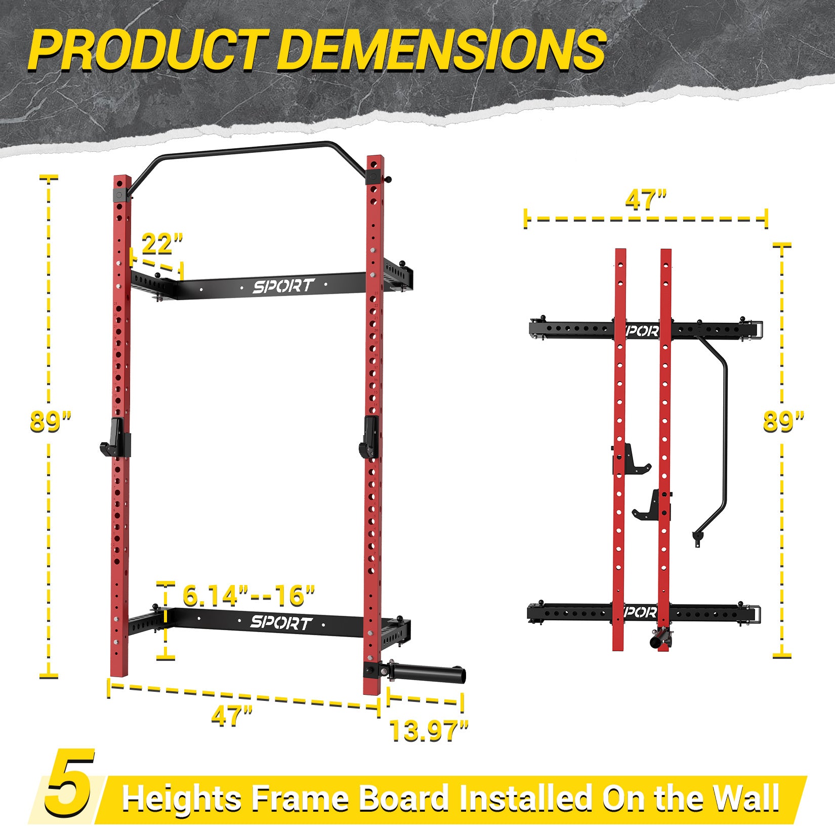 Folding Power Rack with 1000 lbs Capacity, Wall Mounted Folding Squat Rack with Pull-up Bar,J-hooks and Landmine,Space Saving for Home Gym