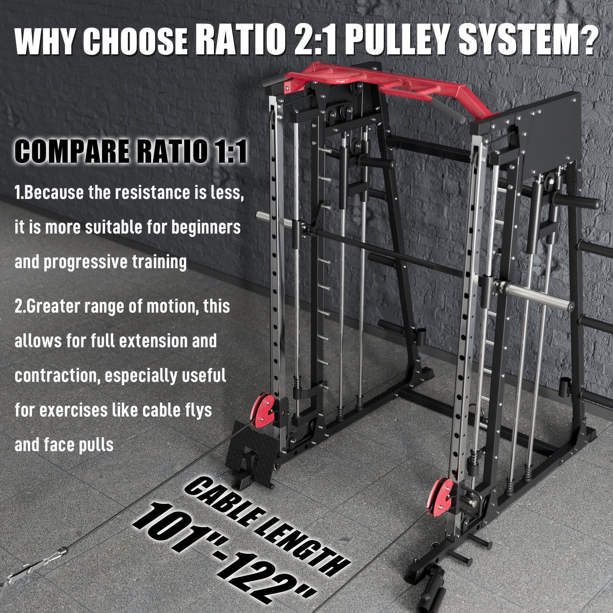 2200lbs All-in-1 Smith Machine Home Gym with LAT-Pull Down System & Cable Crossover, 360° Landmine, Weight Bar & Barbell Holders, 40+ Free Weight Exercises, Space-Saving Power Rack Cage for Total Body Strength Training (Red/