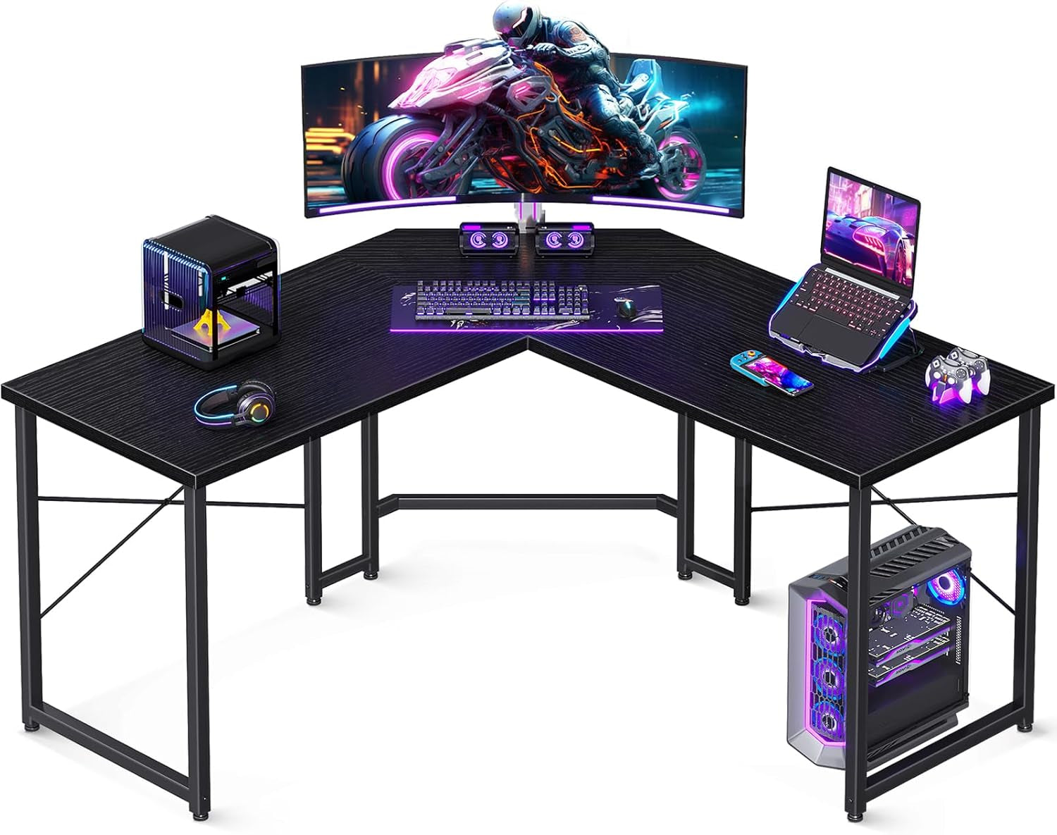 L Shaped Gaming Desk, Corner Desk Gaming Table for Home Office, Computer Desk Sturdy Writing Workstation for Small Space, Easy to Assemble, 51 Inch, Black-0