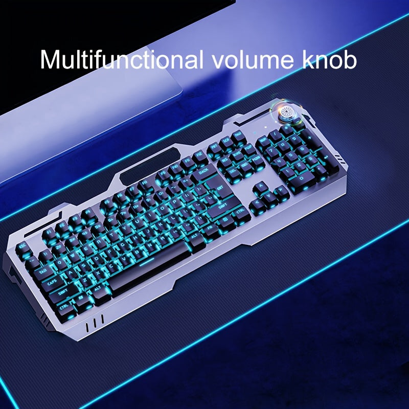 PC Gaming Keyboards, 104 Keys All-Metal Panel Wired Gaming Keyboard Mechanical Feel with Blue Backlit, Multimedia Knob, Anti-Ghosting, Wrist Rest Quiet Computer Keyboard (Black)