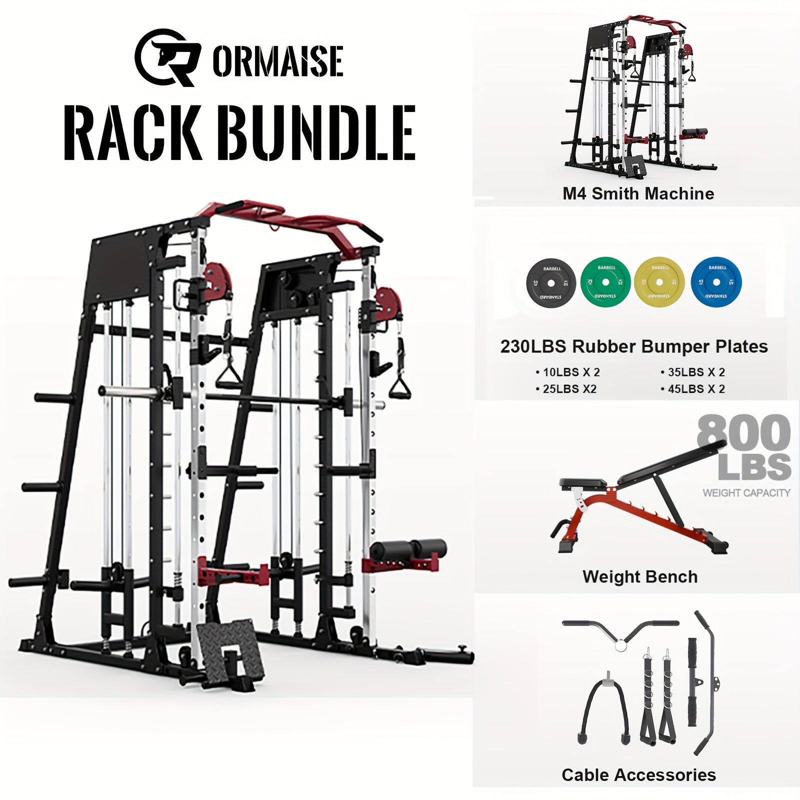 2200lbs All-in-1 Smith Machine Home Gym with LAT-Pull Down System & Cable Crossover, 360° Landmine, Weight Bar & Barbell Holders, 40+ Free Weight Exercises, Space-Saving Power Rack Cage for Total Body Strength Training (Red/