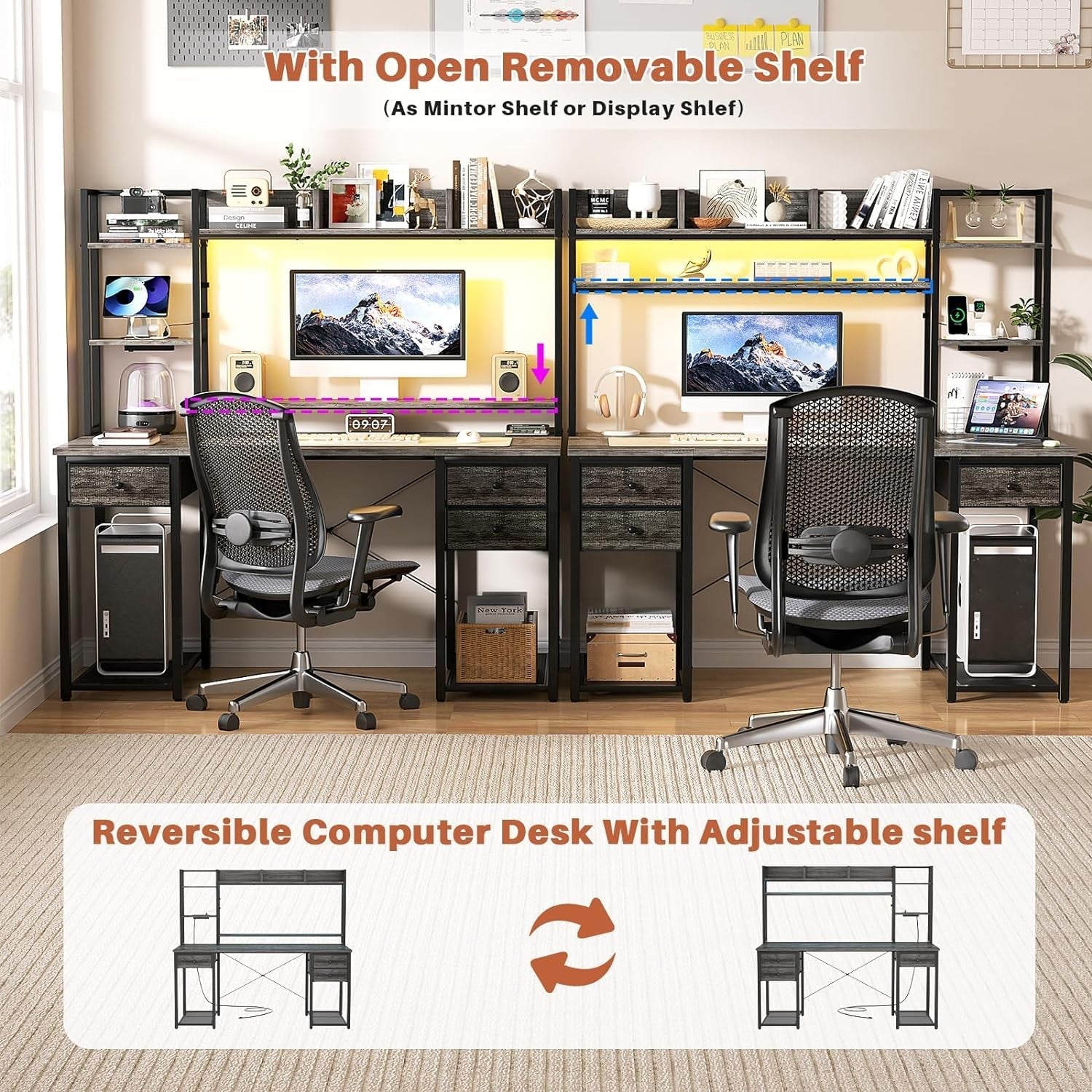 Desk with LED and Outlets, Gaming Desk with Hutch, 47.2'' Computer Desk with Drawers, Reversible Office Desk with Storage Bookshelf Large Workstation Desk with Shelf, Desk for Home, Black Oak-3