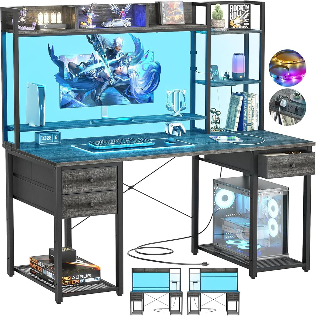 Desk with LED and Outlets, Gaming Desk with Hutch, 47.2'' Computer Desk with Drawers, Reversible Office Desk with Storage Bookshelf Large Workstation Desk with Shelf, Desk for Home, Black Oak-0