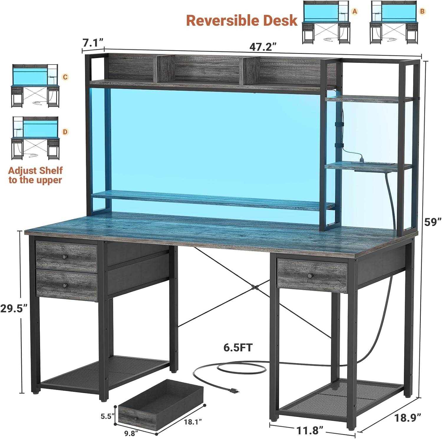 Desk with LED and Outlets, Gaming Desk with Hutch, 47.2'' Computer Desk with Drawers, Reversible Office Desk with Storage Bookshelf Large Workstation Desk with Shelf, Desk for Home, Black Oak-1