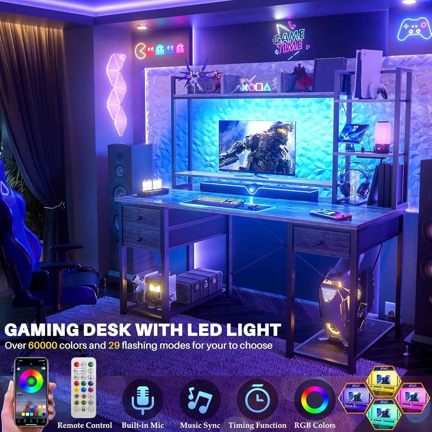 Desk with LED and Outlets, Gaming Desk with Hutch, 47.2'' Computer Desk with Drawers, Reversible Office Desk with Storage Bookshelf Large Workstation Desk with Shelf, Desk for Home, Black Oak-4