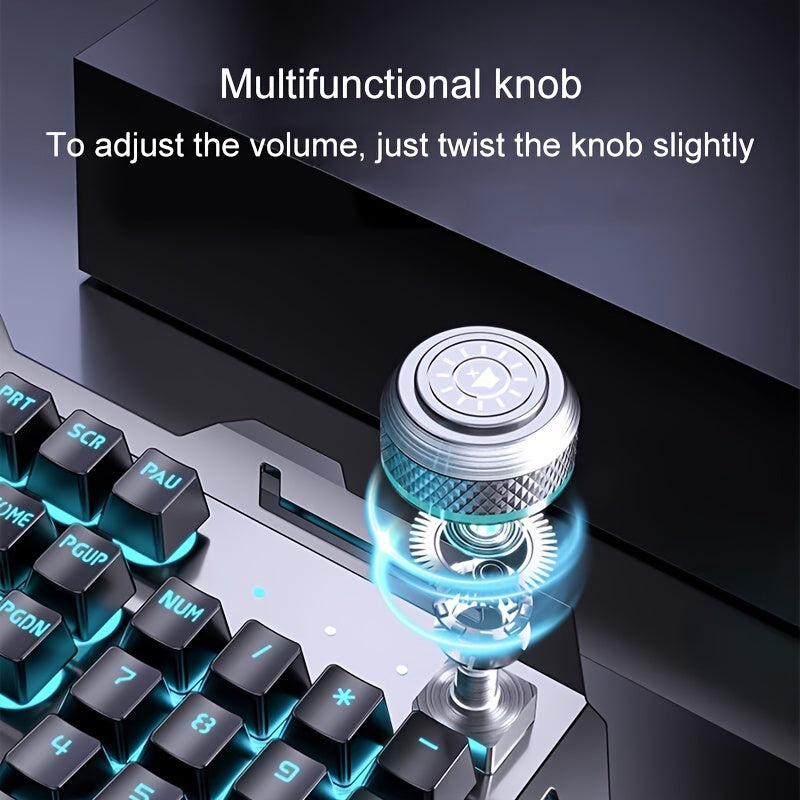 PC Gaming Keyboards, 104 Keys All-Metal Panel Wired Gaming Keyboard Mechanical Feel with Blue Backlit, Multimedia Knob, Anti-Ghosting, Wrist Rest Quiet Computer Keyboard (Black)