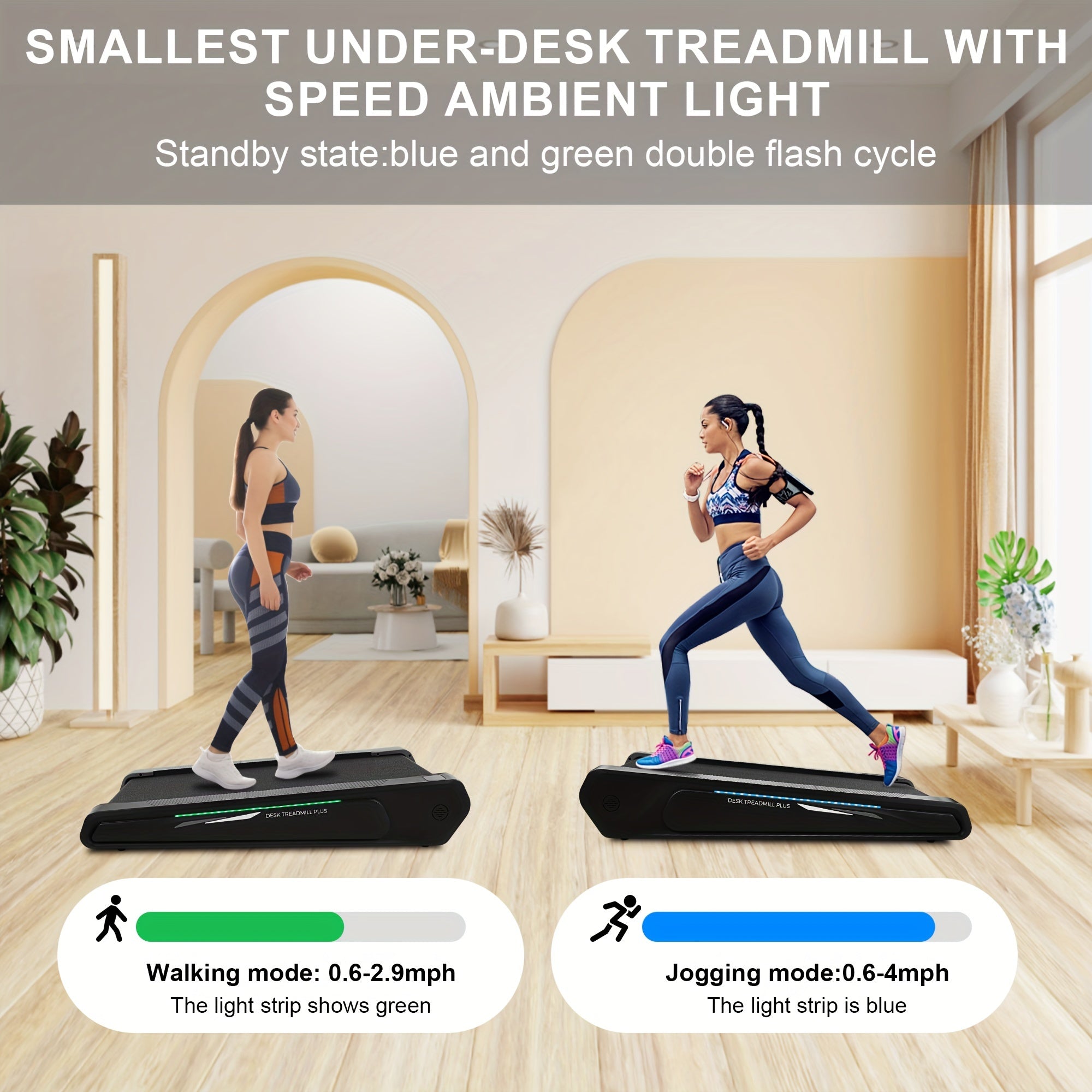 Compact Mini Jogging Machine for Small Space, Walking Pad with 5% Incline, Under Desk Treadmill 300 lbs Capacity Portable for Home & Office, Standby State Blue and Green Double Flash Cycle