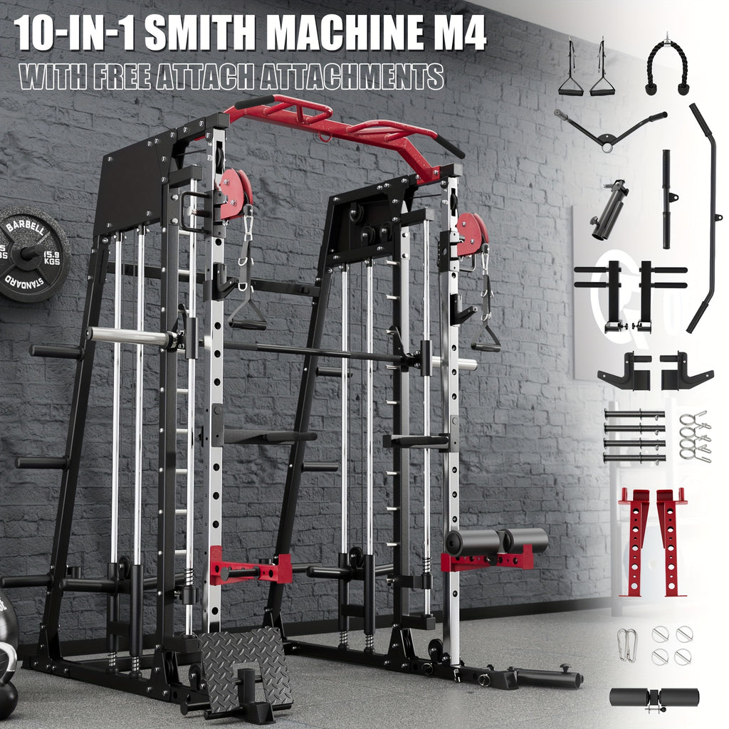 2200lbs All-in-1 Smith Machine Home Gym with LAT-Pull Down System & Cable Crossover, 360° Landmine, Weight Bar & Barbell Holders, 40+ Free Weight Exercises, Space-Saving Power Rack Cage for Total Body Strength Training (Red/