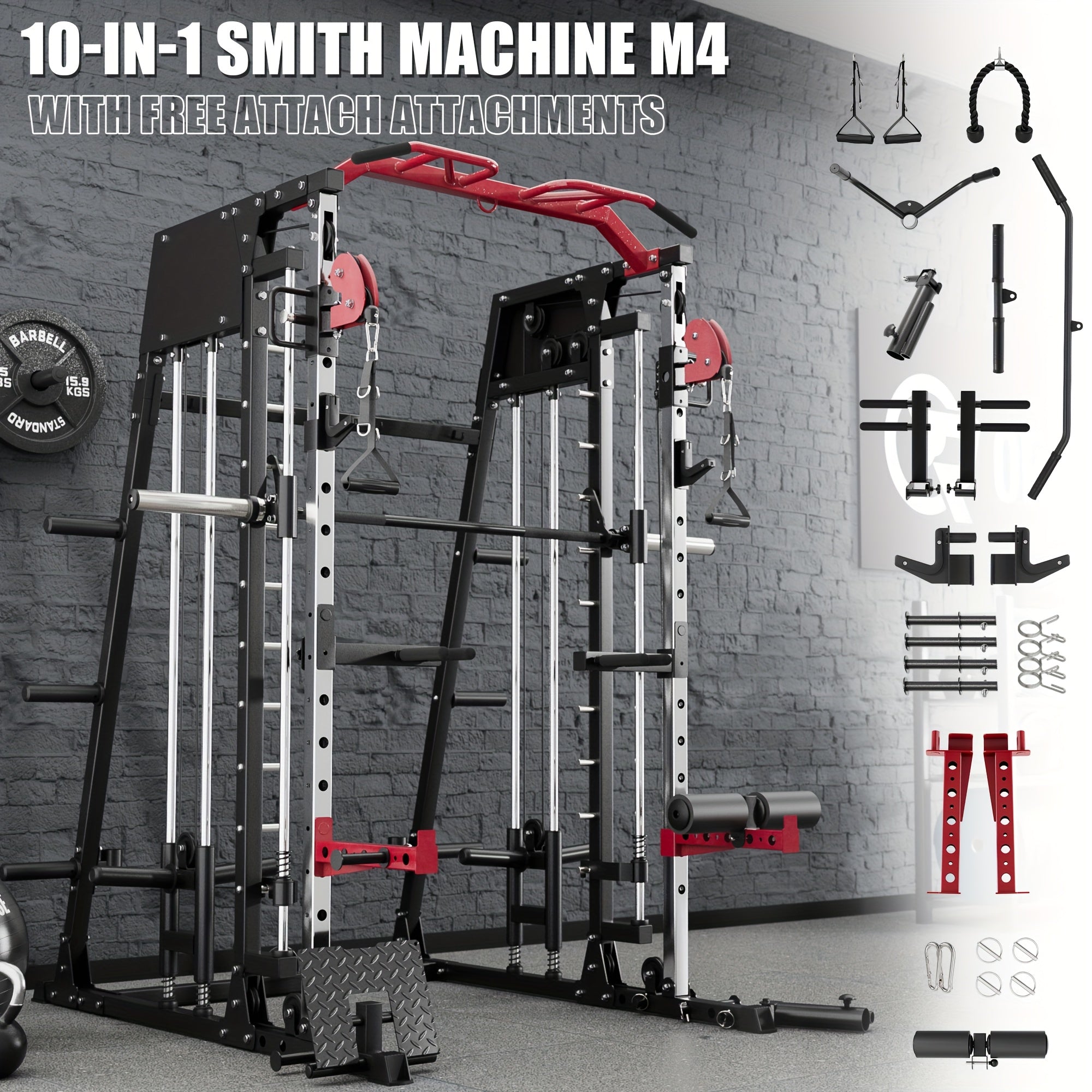 2200lbs All-in-1 Smith Machine Home Gym with LAT-Pull Down System & Cable Crossover, 360° Landmine, Weight Bar & Barbell Holders, 40+ Free Weight Exercises, Space-Saving Power Rack Cage for Total Body Strength Training (Red/