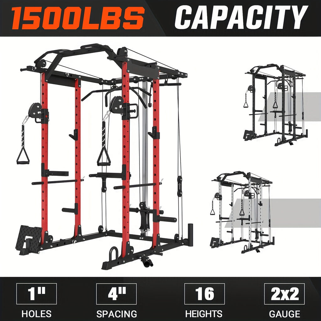 8-in-1 Power Rack Cage With 1500lb Capacity & Cable Crossover Machine - Physical Therapy Approved Squat Rack With J-Hooks, Dip Bars, Landmine - Adaptive Strength Training System For Home Gyms (Red)