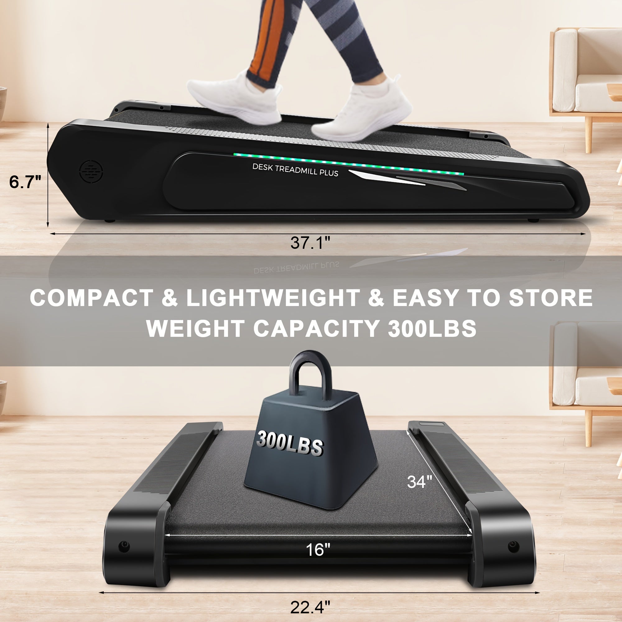 Compact Mini Jogging Machine for Small Space, Walking Pad with 5% Incline, Under Desk Treadmill 300 lbs Capacity Portable for Home & Office, Standby State Blue and Green Double Flash Cycle