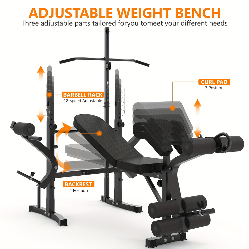 1pc Rigel 600lbs Capacity Adjustable Weight Bench 6-in-1 Fitness Stool with Leg Extension & Curl, Pec Deck, Incline/Decline Bench for Full Body Workout, Strength Training, Home Gym - Black