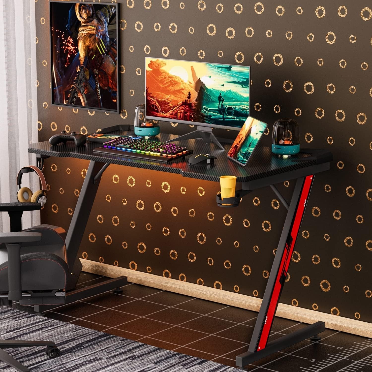 Gaming Desk, Computer Desk with Carbon Fiber Surface, Gaming Table Z Shaped PC Gaming Workstation Home Office Desks with Cup Holder and Headphone Hook (44 Inch, Black)-3