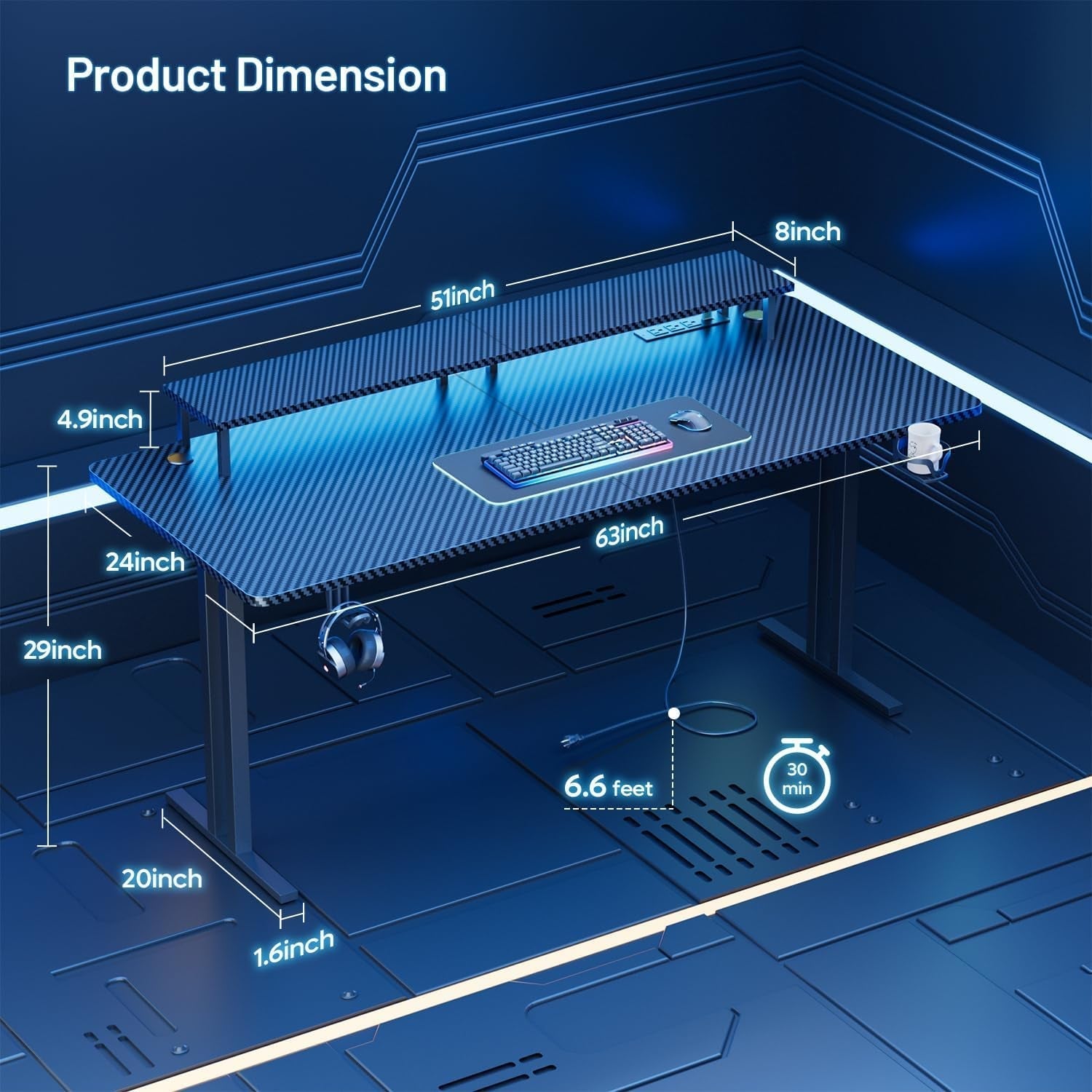 Ergonomic 63 Inch Gaming Desk With LED Lights-2
