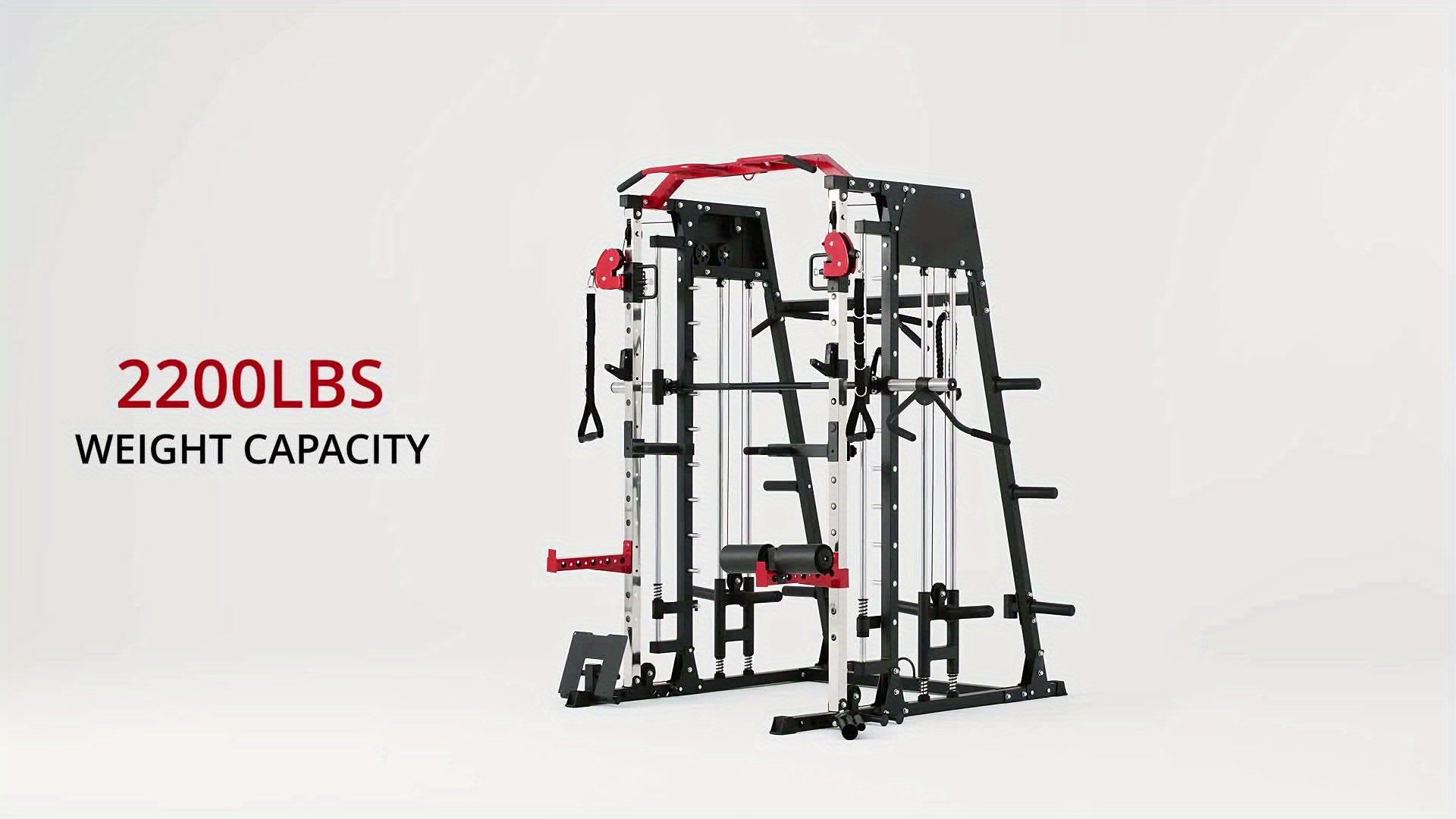 2200lbs All-in-1 Smith Machine Home Gym with LAT-Pull Down System & Cable Crossover, 360° Landmine, Weight Bar & Barbell Holders, 40+ Free Weight Exercises, Space-Saving Power Rack Cage for Total Body Strength Training (Red/