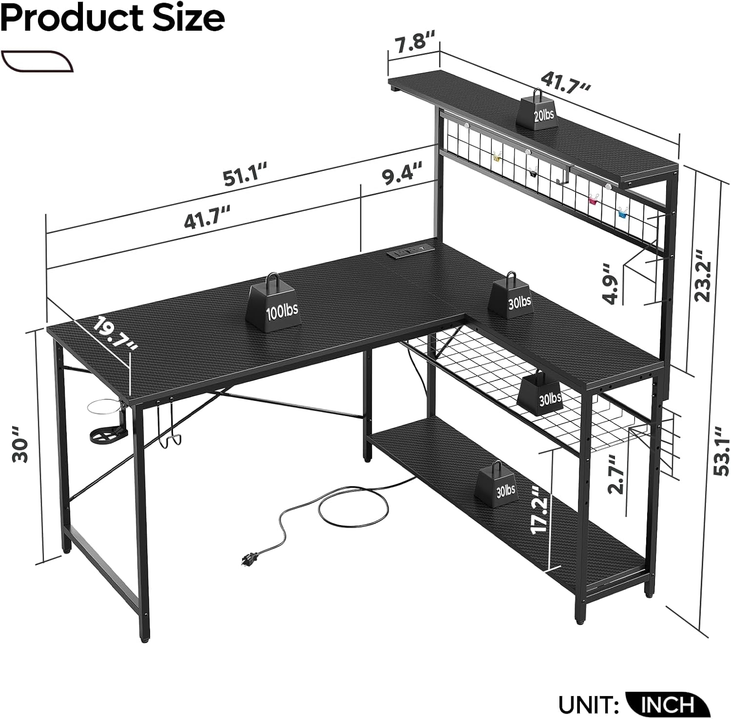51" L-Shaped Gaming Desk with LED & Power-1