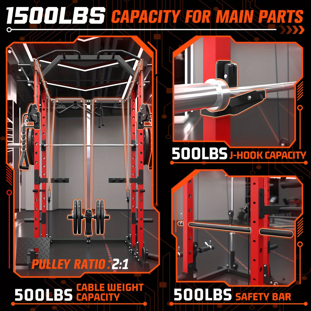 8-in-1 Power Rack Cage With 1500lb Capacity & Cable Crossover Machine - Physical Therapy Approved Squat Rack With J-Hooks, Dip Bars, Landmine - Adaptive Strength Training System For Home Gyms (Red)