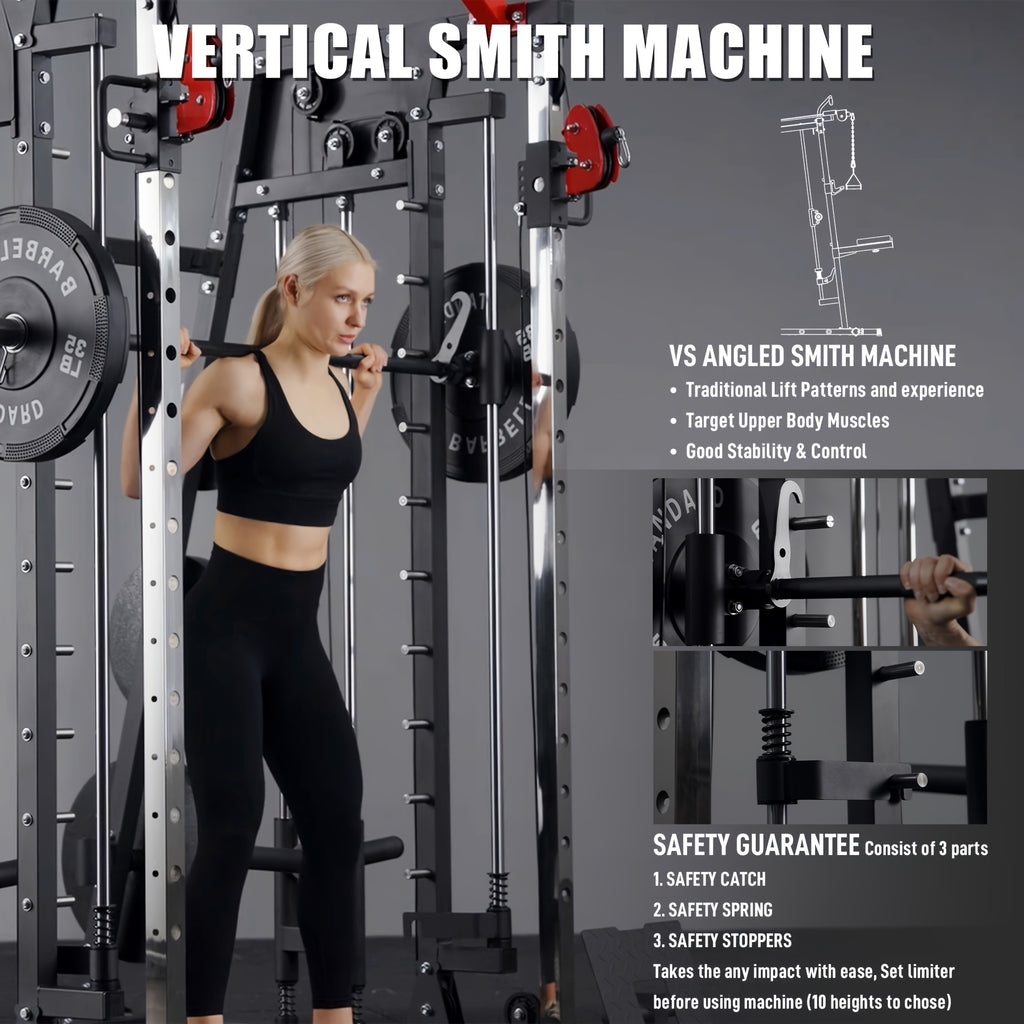 2200lbs All-in-1 Smith Machine Home Gym with LAT-Pull Down System & Cable Crossover, 360° Landmine, Weight Bar & Barbell Holders, 40+ Free Weight Exercises, Space-Saving Power Rack Cage for Total Body Strength Training (Red/