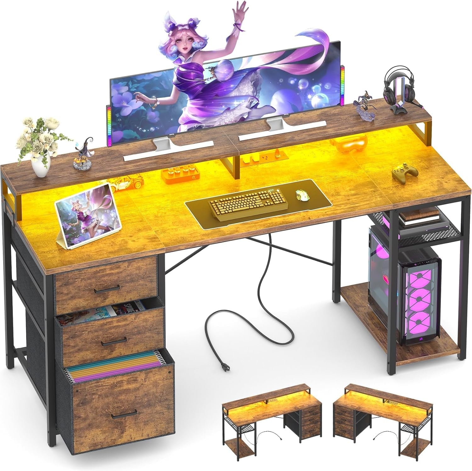 Gaming Desk with LED Lights and Power Outlets-2