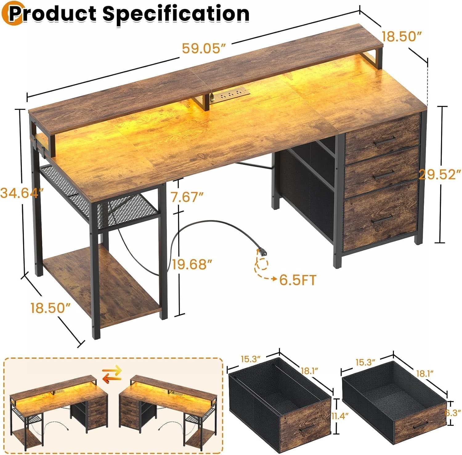 Gaming Desk with LED Lights and Power Outlets-1