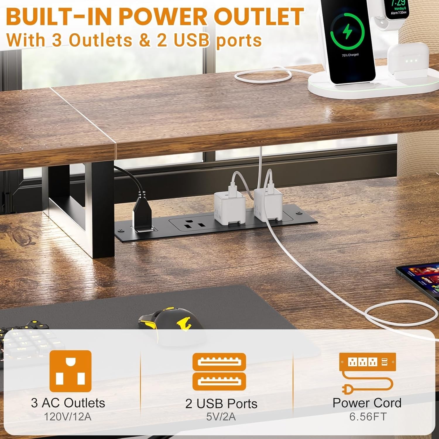 Gaming Desk with LED Lights and Power Outlets-3