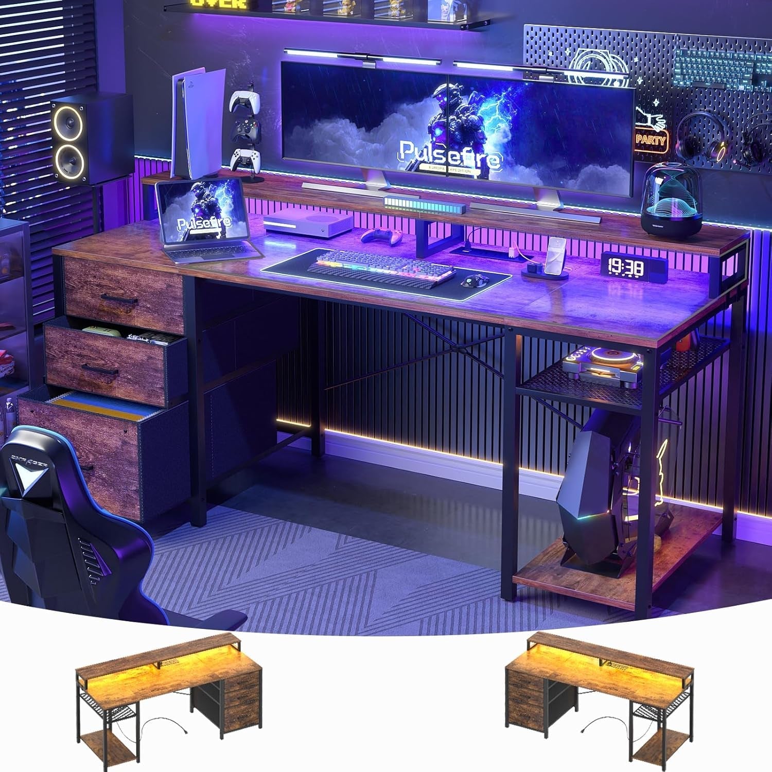 Gaming Desk with LED Lights and Power Outlets-0