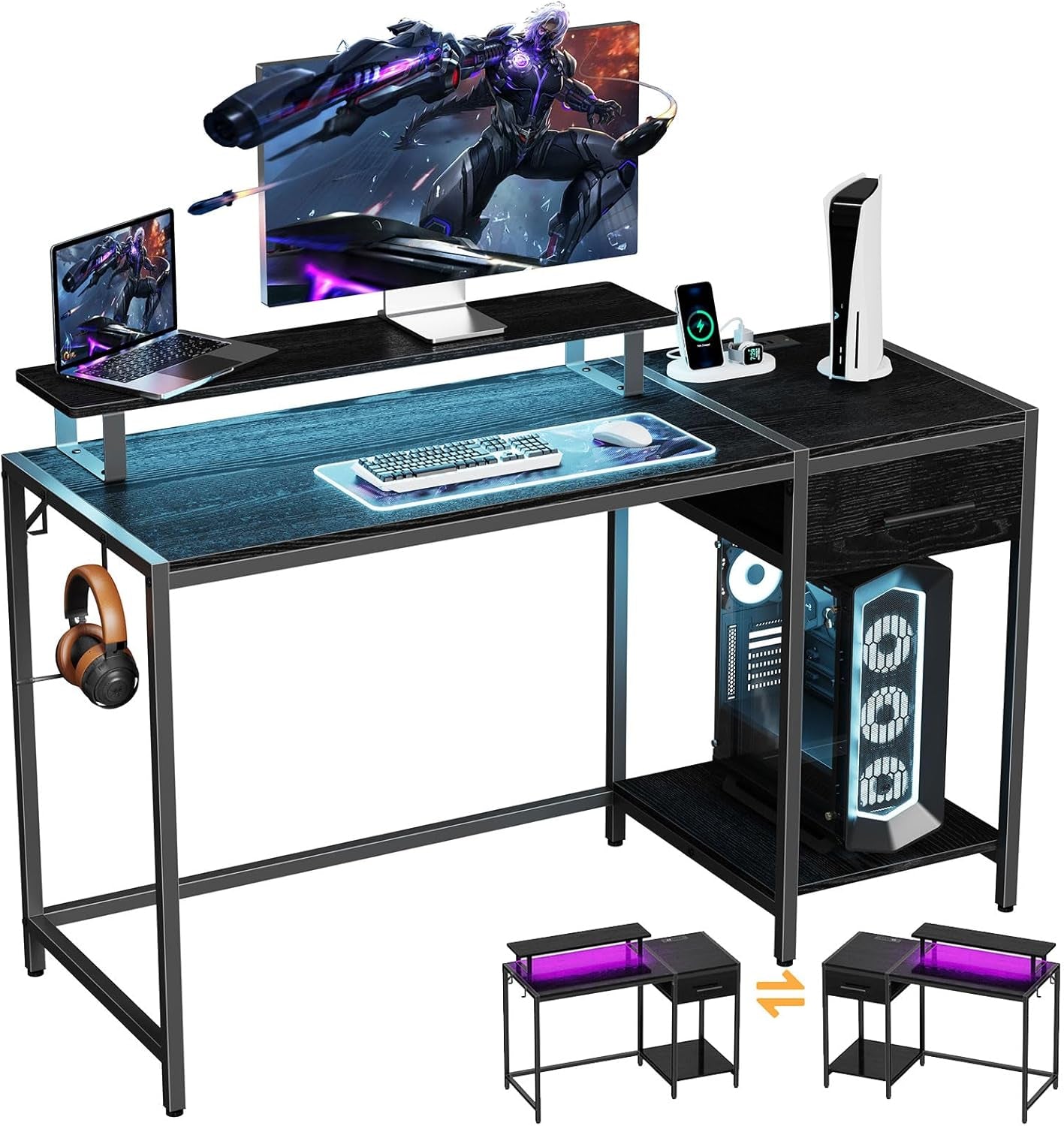Gaming Desk With LED Lights Power Outlet And Drawers-0