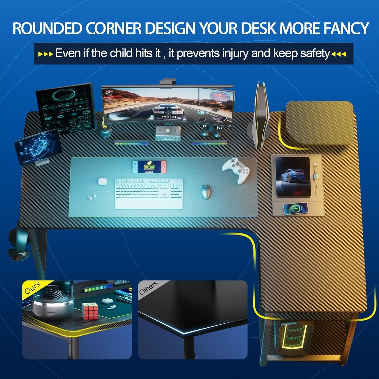 L Shaped Gaming Desk, Carbon Fiber Style Computer Desk Compatible with Monitor Arm Storage Shelves Corner Desk Gaming Table for Home Office Desks Easy to Assemble Adjustable Shelf Height-3