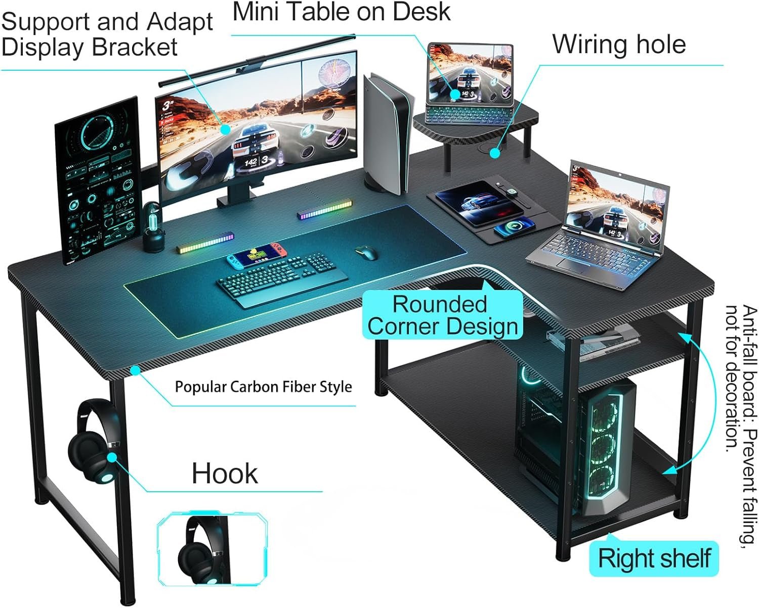 L Shaped Gaming Desk, Carbon Fiber Style Computer Desk Compatible with Monitor Arm Storage Shelves Corner Desk Gaming Table for Home Office Desks Easy to Assemble Adjustable Shelf Height-2