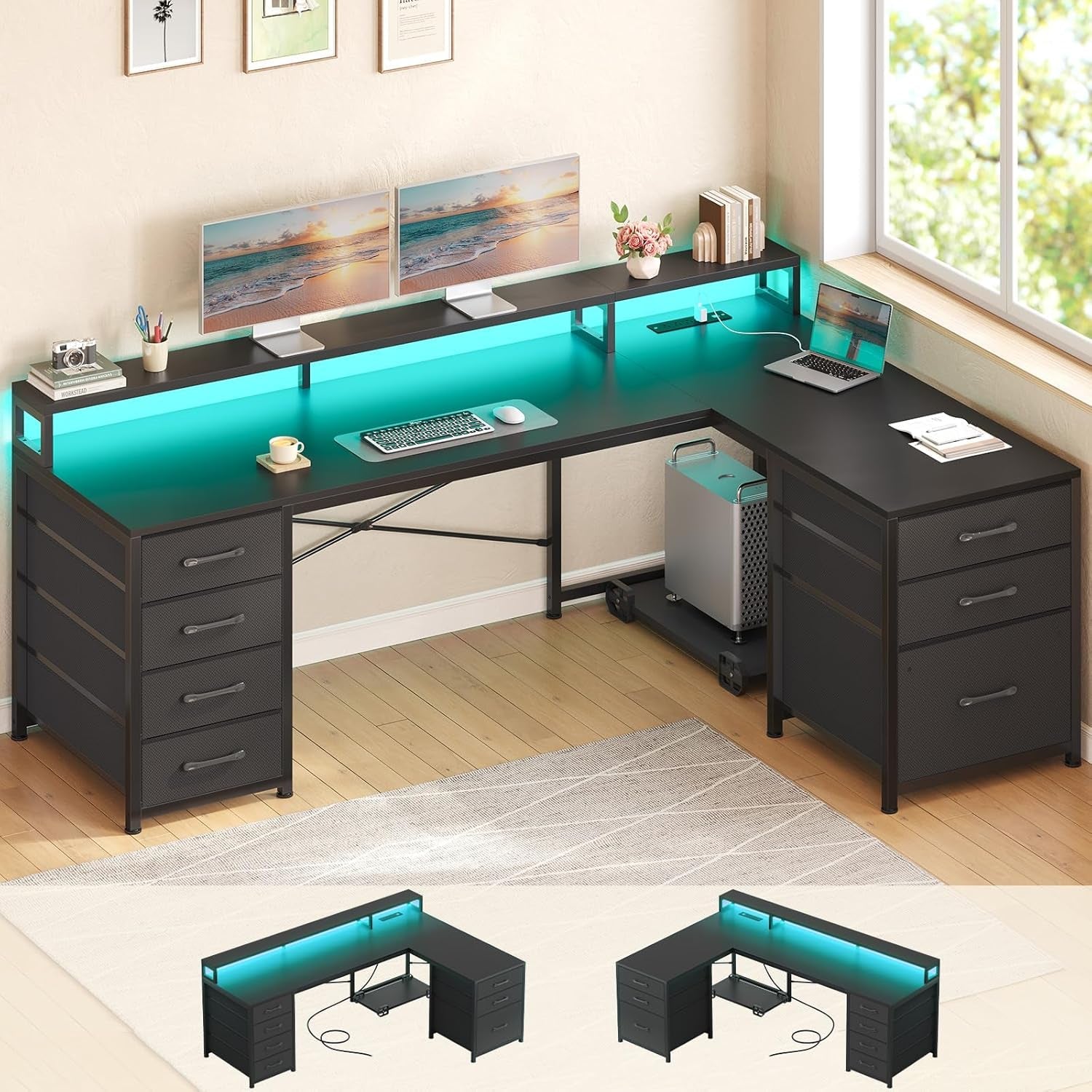 L Shaped Gaming Desk with LED Lights and Drawers-2