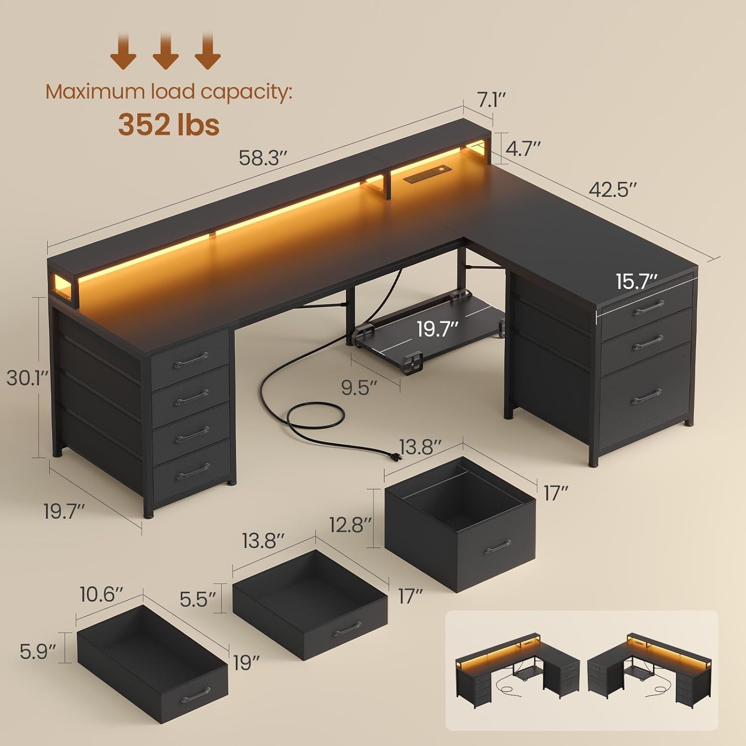 L Shaped Gaming Desk with LED Lights and Drawers-1