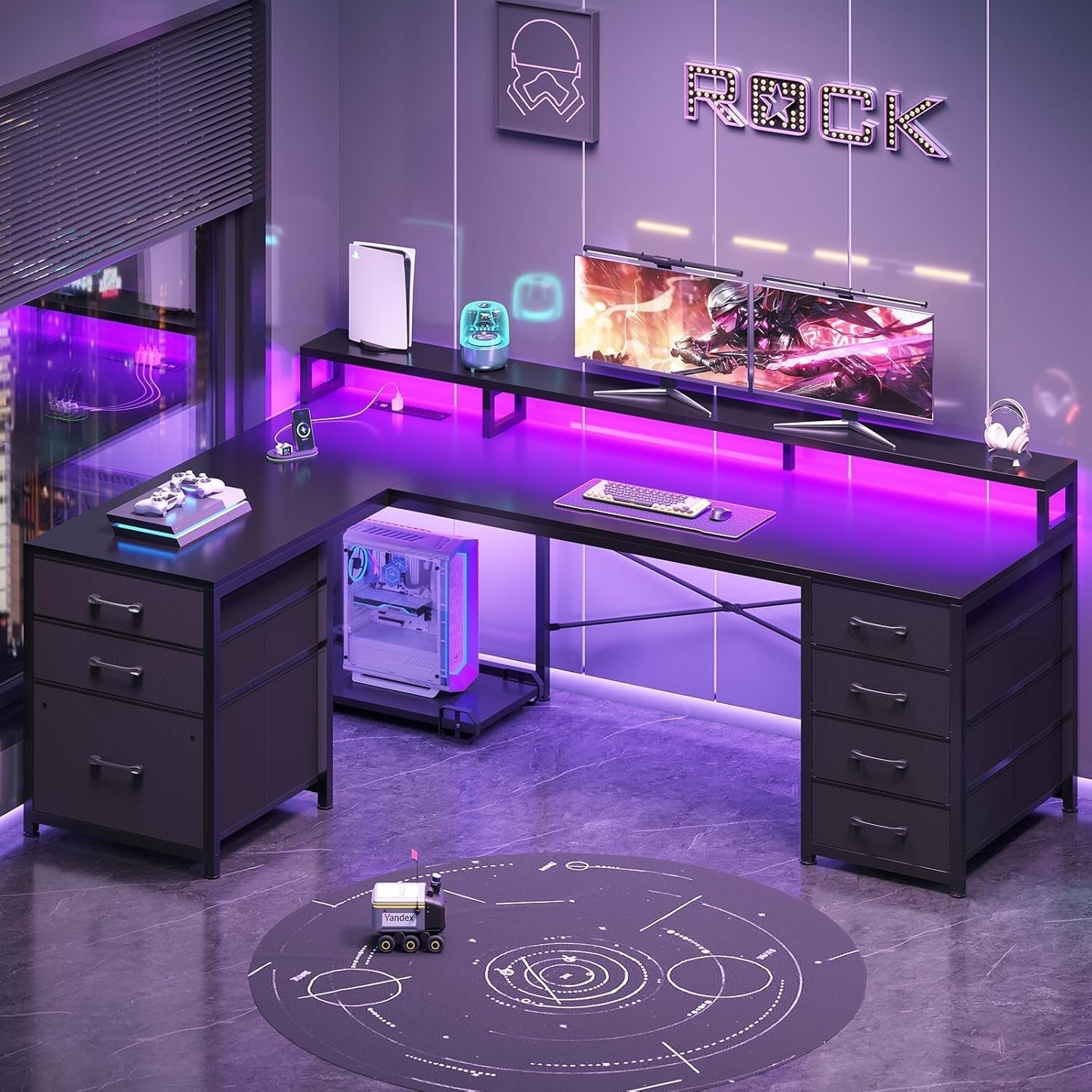 L Shaped Gaming Desk with LED Lights and Drawers-0