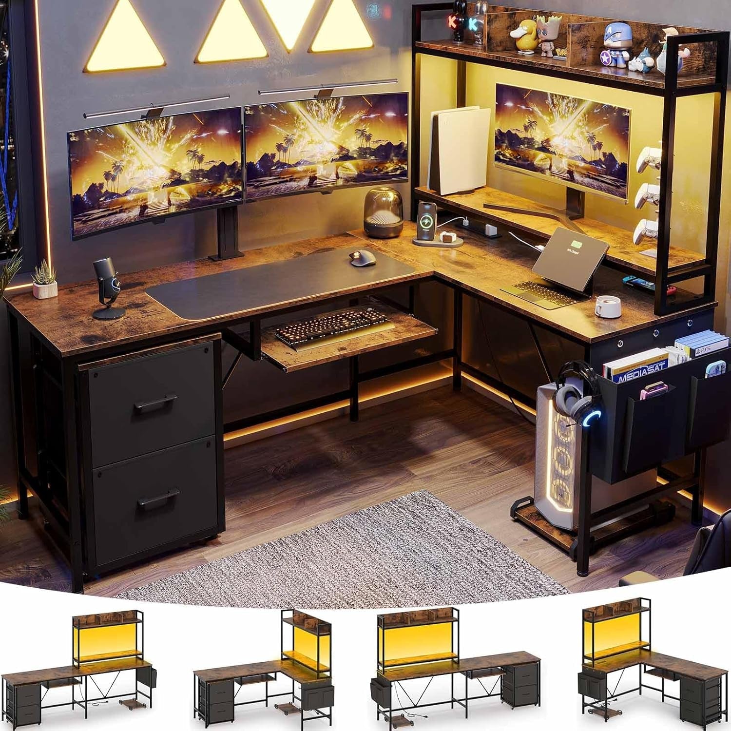 L Shaped Gaming Desk with RGB Lights and Outlets-0
