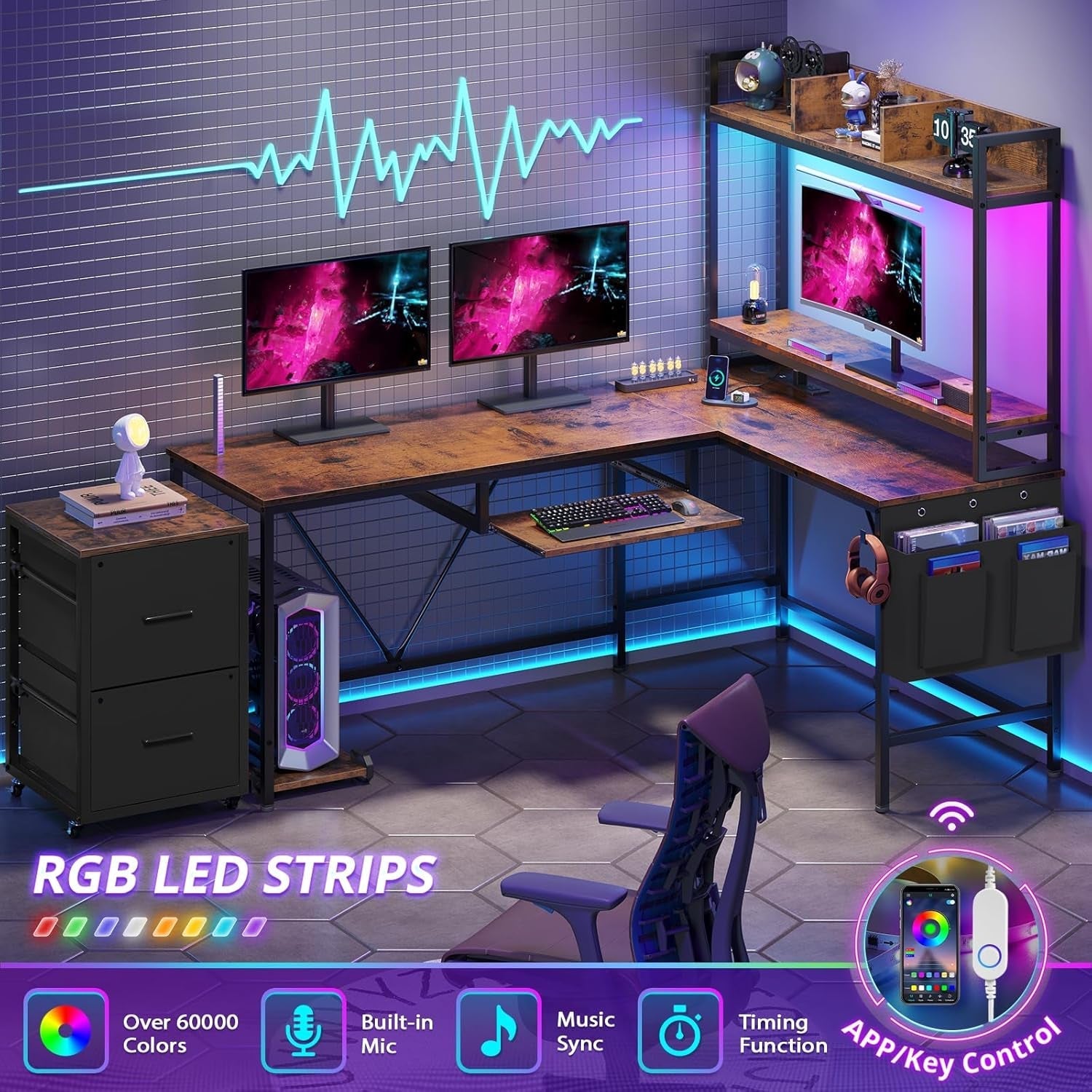 L Shaped Gaming Desk with RGB Lights and Outlets-2