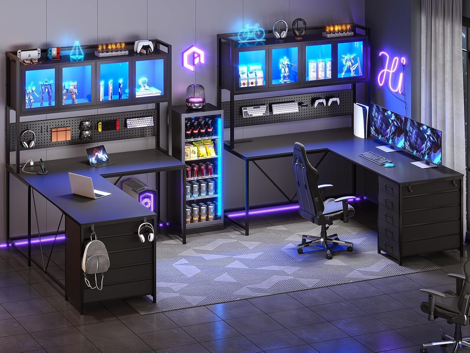 L Shaped Gaming Desk with Storage Drawers and Lights-3